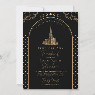Mystical Deco Black Gold Vintage Church Wedding Invitation