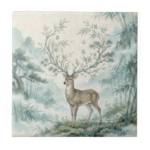 Mystical Deer Forest Watercolor Art Ceramic Tile
