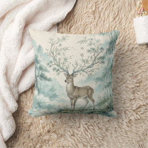 Mystical Deer Forest Watercolor Art Throw Pillow