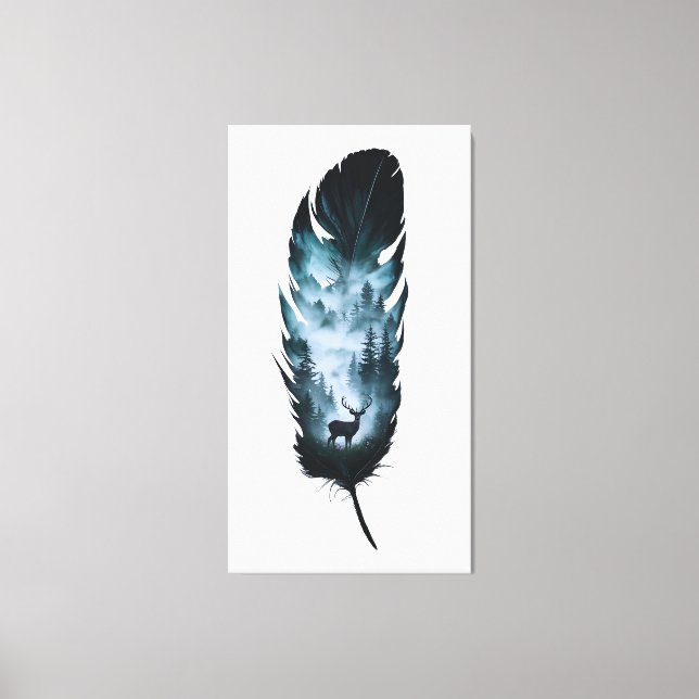 Mystical Deer in Forest Feather Large Canvas Print (Front)