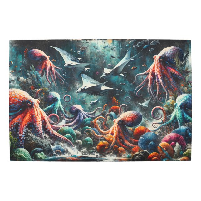 Mystical Depths: Octopuses & Mantas in Oceanic Bal Metal Print (Front)