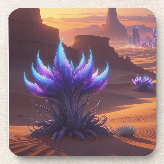 Mystical Desert with Futurist City Beverage Coaster (Front)