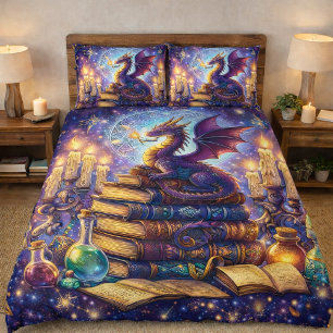 Mystical Dragon Wizard Books Duvet Cover