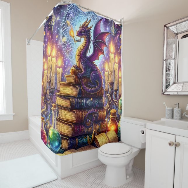 Mystical Dragon Wizard Books Shower Curtain (In Situ)