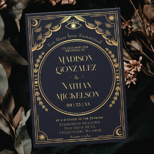 Mystical Elegant Gold Navy Tarot Gothic Wedding Invitation