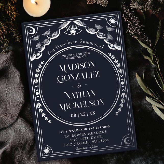 Mystical Elegant Silver Navy Tarot Gothic Wedding Foil Invitation (Creator Uploaded)