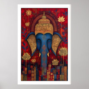 Mystical Elephant Buddha Wall Art, Lotus Flowers Poster
