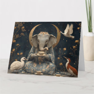 Mystical Elephant Tea Party Under Crescent Moon Card