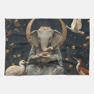 Mystical Elephant Tea Party Under Crescent Moon Kitchen Towel