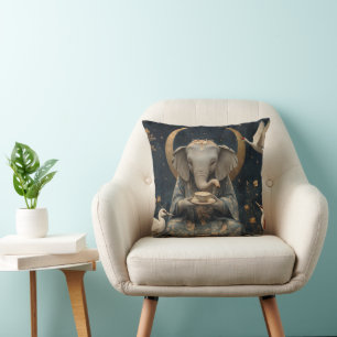 Mystical Elephant Tea Party Under Crescent Moon Throw Pillow