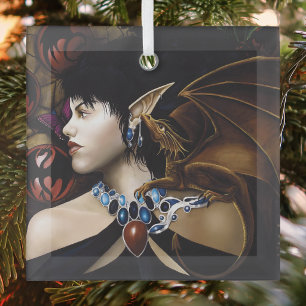 Mystical Elf Dragon Companion Butterfly Fantasy Glass Ornament
