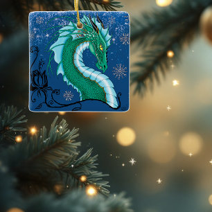 Mystical Emerald Ice Dragon Snowflakes Fantasy Ceramic Ornament