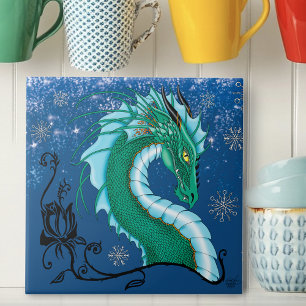 Mystical Emerald Ice Dragon Snowflakes Fantasy Ceramic Tile