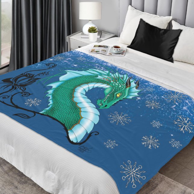 Mystical Emerald Ice Dragon Snowflakes Fantasy Fleece Blanket (Creator Uploaded)