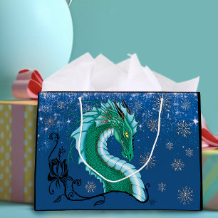Mystical Emerald Ice Dragon Snowflakes Fantasy Large Gift Bag