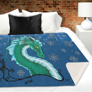 Mystical Emerald Ice Dragon Snowflakes Fantasy Sherpa Blanket