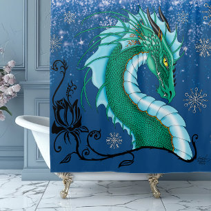 Mystical Emerald Ice Dragon Snowflakes Fantasy Shower Curtain