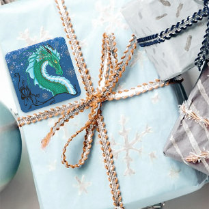 Mystical Emerald Ice Dragon Snowflakes Fantasy Square Sticker