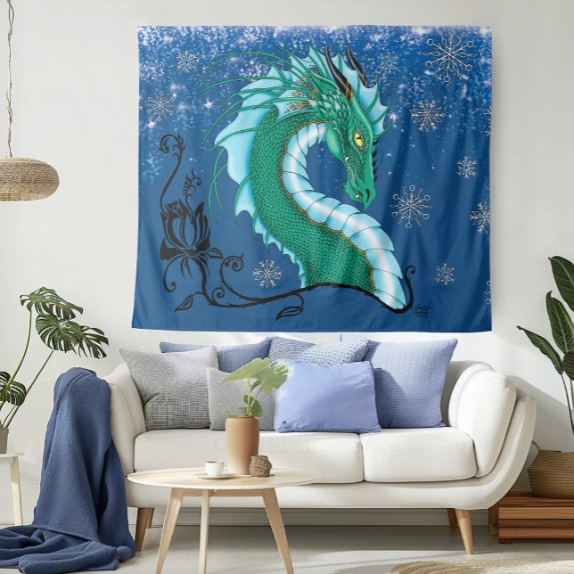 Mystical Emerald Ice Dragon Snowflakes Fantasy Tapestry (Creator Uploaded)