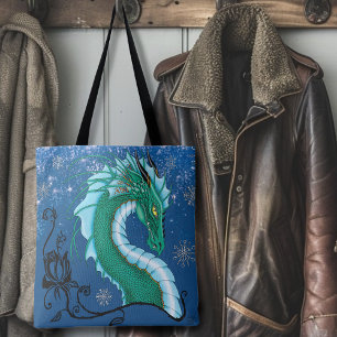 Mystical Emerald Ice Dragon Snowflakes Fantasy Tote Bag