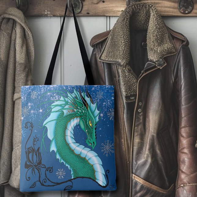 Mystical Emerald Ice Dragon Snowflakes Fantasy Tote Bag (Creator Uploaded)