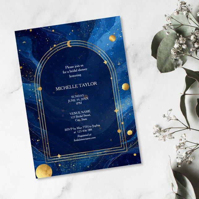 Mystical Enchanted Celestial Elegant Chic Bridal Invitation (blue sky with golden moon and stars, arched golden frame bridal shower invitation)
