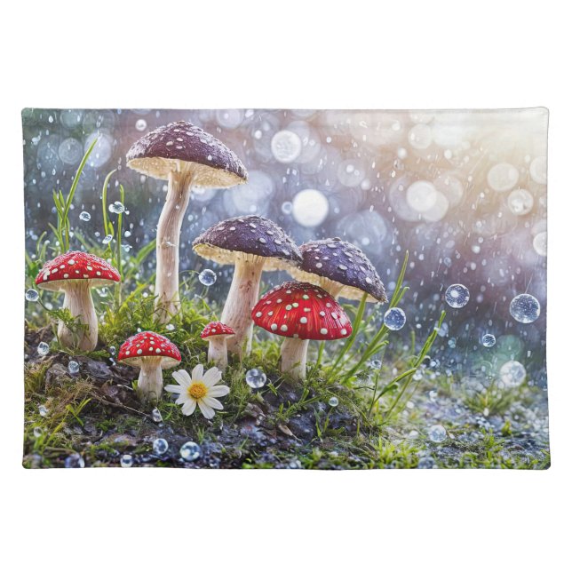 Mystical Enchanting Toadstools in the Rain Cloth Placemat (Front)