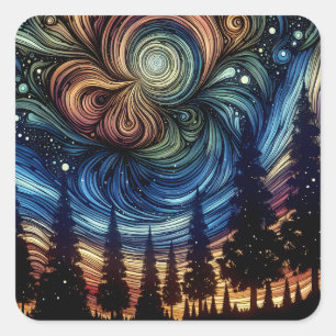 Mystical Ethereal Art with Trees and Night Sky Square Sticker