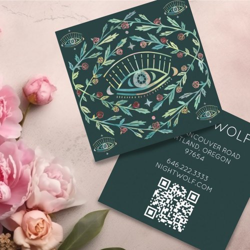 Mystical Eye Roses Vines Magical Boho QR Code  Square Business Card