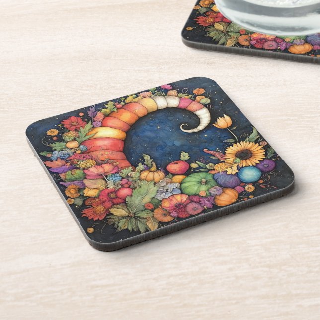 Mystical Fall Crescent Moon Cornucopia Beverage Coaster (Left Side)