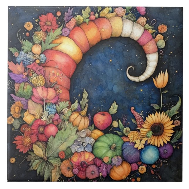 Mystical Fall Crescent Moon Cornucopia Ceramic Tile (Front)