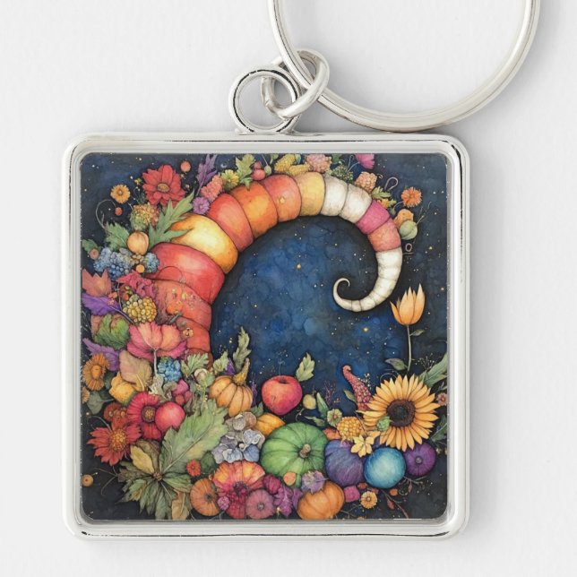 Mystical Fall Crescent Moon Cornucopia Keychain (Front)