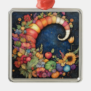 Mystical Fall Crescent Moon Cornucopia Metal Ornament