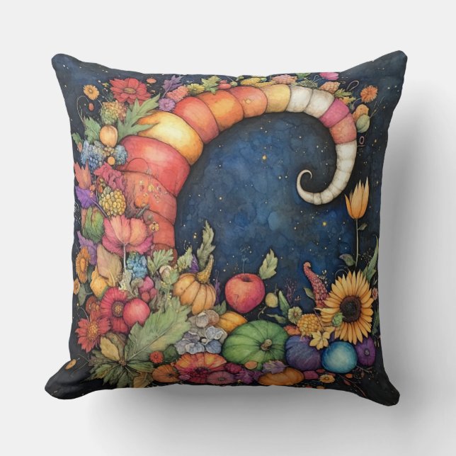 Mystical Fall Crescent Moon Cornucopia Throw Pillow (Front)