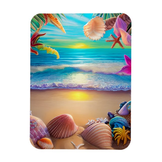 Mystical fantasy beach sunset with tropical flower magnet (Vertical)