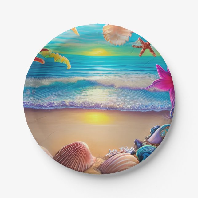 Mystical fantasy beach sunset with tropical flower paper plates (Front)