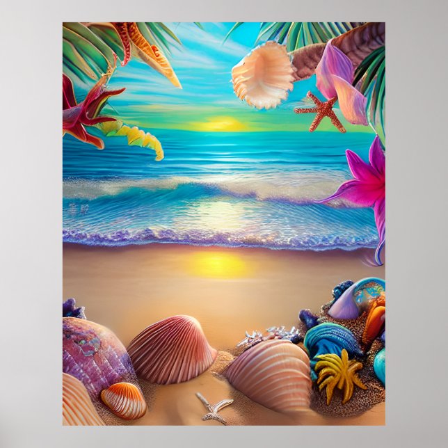 Mystical fantasy beach sunset with tropical flower poster (Front)