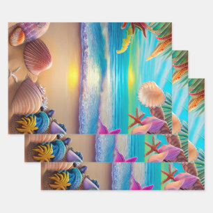 Mystical fantasy beach sunset with tropical flower wrapping paper sheets