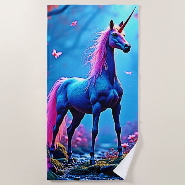 Mystical Fantasy Unicorn Art Beach Towel (Front)