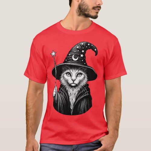 Mystical Feline Sorcerer Enchanted Cat Wizard Art T_Shirt