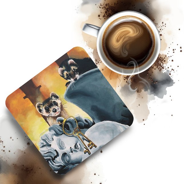 Mystical Ferrets Golden Keys Cherub Fantasy Beverage Coaster (Creator Uploaded)