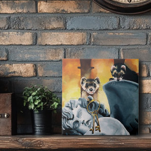 Mystical Ferrets Golden Keys Cherub Fantasy Ceramic Tile