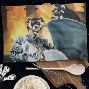 Mystical Ferrets Golden Keys Cherub Fantasy Kitchen Towel