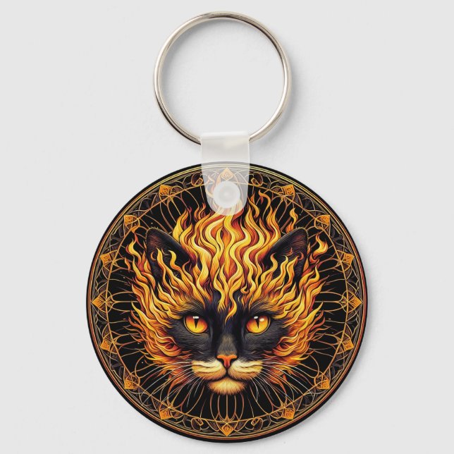 Mystical Fire Cat Mandala Design Keychain (Front)