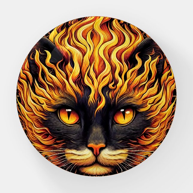 Mystical Fire Cat Mandala Design Paperweight (Front)