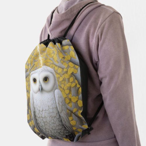 Mystical Flight The White Owls Enchanted Journey Drawstring Bag