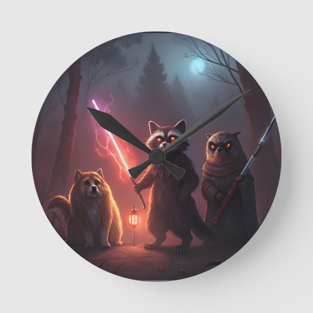 Mystical Forest Battle Animals Art Round Clock (Front)