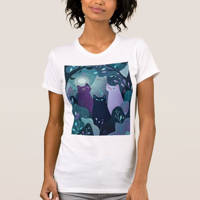 Mystical Forest Cats Art Whimsical Night Cat  T-Shirt (Front)