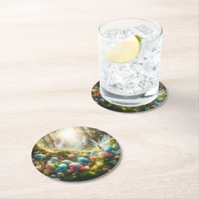 Mystical Forest Fairy Magical Spring Eggs Round Paper Coaster (Insitu)