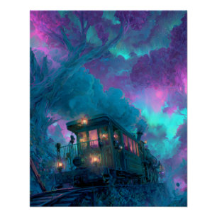 Mystical Forest Train Purple Teal Fantasy Art Poster